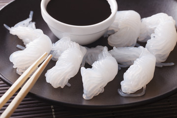 Shirataki with soy sauce macro. horizontal
