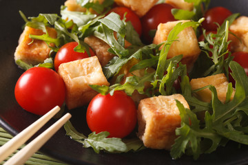Salad of roasted tofu with tomatoes and arugula macro. horizontal
