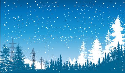 blue winter forest and white snowfall