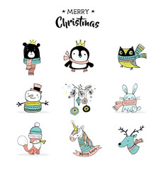 Merry Christmas hand drawn cute doodles, stickers, illustrations. Penguin, bear, owl, deer and unicorn