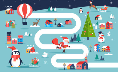 Christmas village map, winter town, board game with illustrations, icons and characters. Merry Christmas background