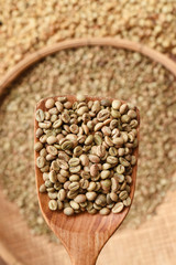 Coffee beans on wooden spoon for background