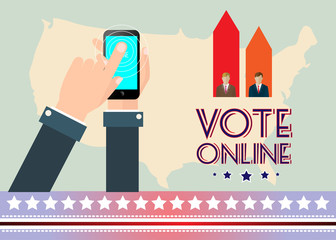 Digital vector usa election with vote online, hand on mobile phone, flat style