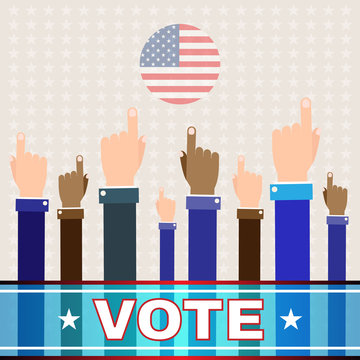 Digital vector usa election with hand in the air pointing, vote, flat style