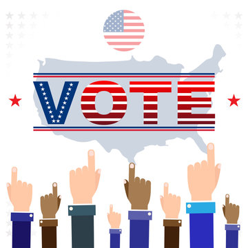 Digital vector usa election with hand in the air pointing, vote, flat style