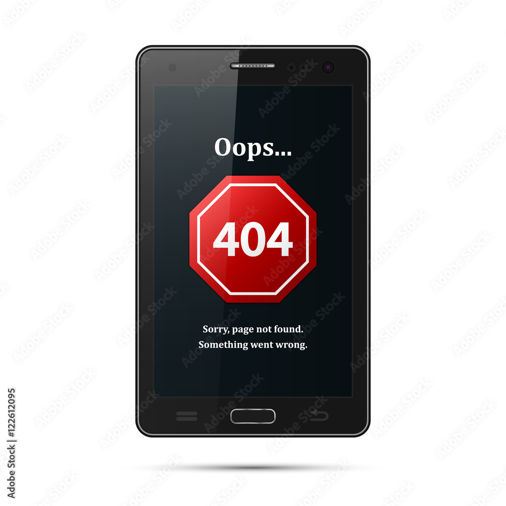 Poster error 404 sign on mobile phone screen. page not found mistake symbol. realistic smartphone with erro