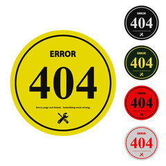 404 Error badge or emblem set. Internet web error color circle sign collection. Page not found icon stamp. Vector isolated illustration.