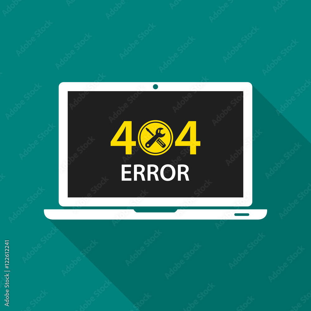 Poster 404 error page not found on laptop screen. internet error sign. vector isolated illustration with sh
