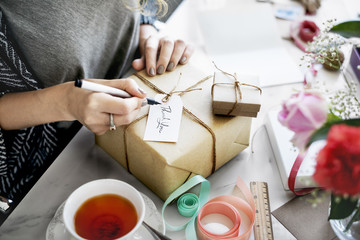 Woman Writing Card Gift Present Concept