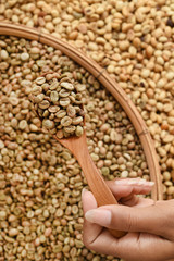 Coffee beans on wooden spoon for background