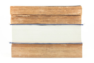 Pile of old books on white background.