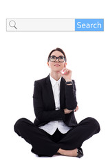 search bar and beautiful happy business woman sitting and dreami