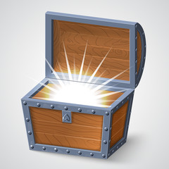 vector illustration of vintage wooden chest with open cover.