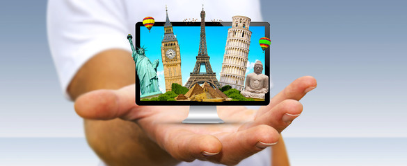 Man travelling the world with his computer