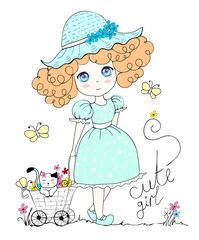 illustration with cute little girl and cat, flowers, butterfly. In pastel color