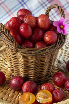Ripe plum pink in a wooden basket