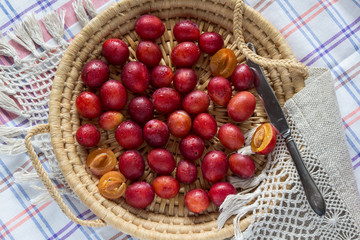 Ripe plum pink in a wooden basket