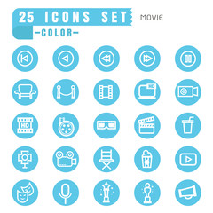 icons movie color thin white in the circle blue on white backgro