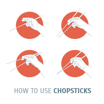 How Use Chopsticks. Oriental Cuisine. Vector