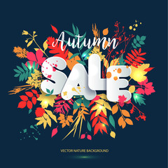 Text Sale in paper style on multicolor background with autumn le