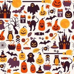 Fototapeta na wymiar Seamless pattern of halloween for autumn celebration with icons