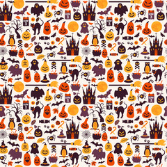 Seamless pattern of halloween for autumn celebration with icons
