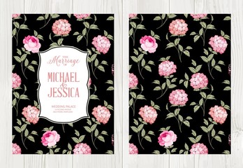 Vintage card with flowers on background. Book cover with hydrangea flowers. Pink buds on black background. Vector illustration.