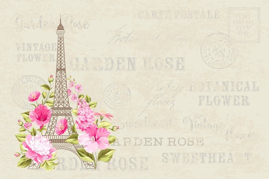 Eiffel tower simbol with spring blooming flowers over gray text pattern with sign Paris souvenir. Vector illustration.