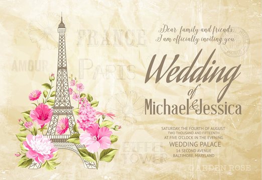 Eiffel tower icon with spring blooming flowers crupled paper texture with wedding invitation sign. Vector illustration.