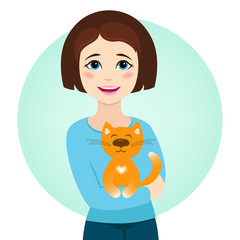 Smiling girl with cute cat. Cat sitting in girl's arms. Vector illustration.