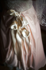 Close-up of silk bows on bride's dress