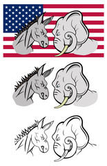 The heads of United States democratic and republican mascots one versus another head to head symbolize struggle between political parties