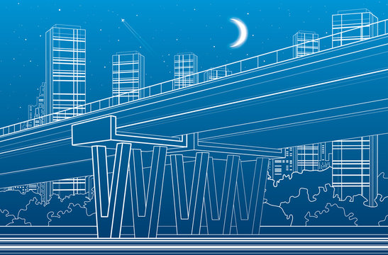Flyover, architectural and infrastructure illustration, transport overpass, highway, white lines urban scene, night city on background, vector design art