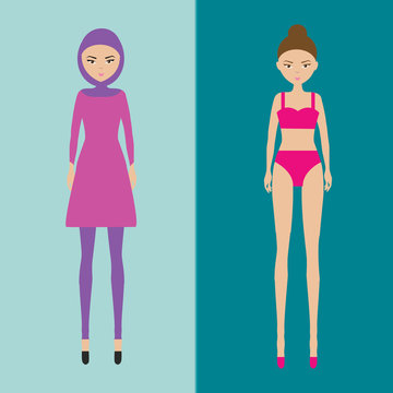 Muslim girl in burkini swimsuit and girl in classic bikini