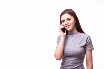 Young Woman Using a mobile Cell Phone Isolated on White