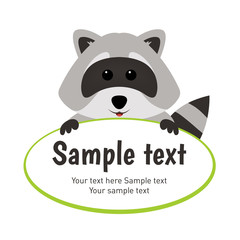 Funny raccoon holding sign for text, isolated on white background. Adorable vector raccoon. Cute cartoon pet. Charming baby raccoon.