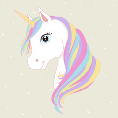White unicorn vector head with mane and horn. Unicorn on starry background.