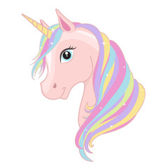 Pink unicorn head with rainbow mane and horn isolated on white background. Vector illustration.
