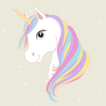 White unicorn vector head with mane and horn. Unicorn on starry background.