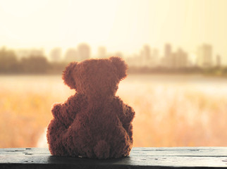 Teddy bear lonely with blurred city in sunset.
