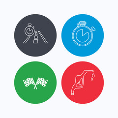 Race flags, travel timer and petrol station.