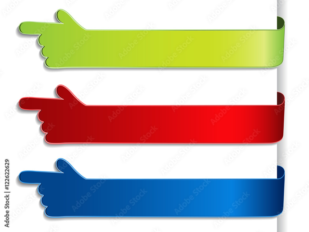 Poster vector buttons for website or app. green, red and blue label with gesture hand. possible uses for te