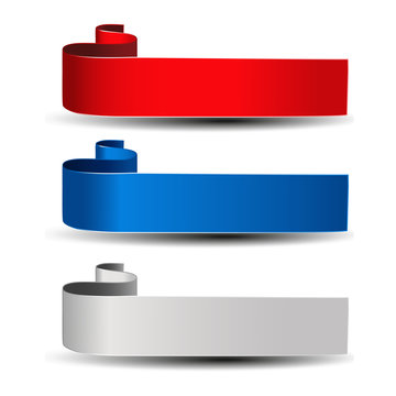 Vector buttons for website or app. Grey, red and blue label. Bent ribbon. Possible uses for text Buy now, Subscribe, Sign Up, Register, Download, Upload, Search, Next, Previous, Learn More etc.