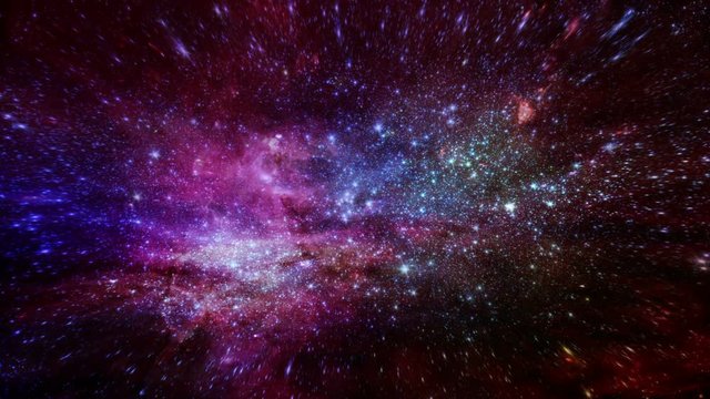 A 25 second loop of simulated space travel through a galaxy