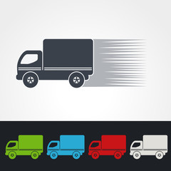 Vector symbol of rate of delivery,  icon speed shipping of box, silhouette of truck. Green, grey, blue, red and white color.