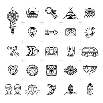 E-commerce outline web icons. Set for e-shop design in a boho and tribal style. Bohemian icons good for internet shopping projects. Vector illustration