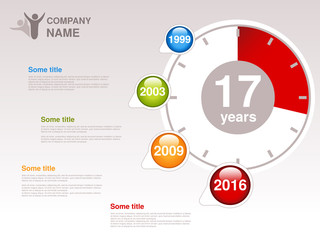 Vector timeline. Infographic template for company. Timeline with colorful milestones - blue, green, orange, red. Pointer of individual years. Graphic design with clock. Profile of company.