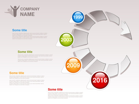 Vector timeline. Infographic template for company. Timeline with colorful milestones - blue, green, orange, red. Pointer of individual years.