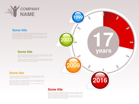 Vector timeline. Infographic template for company. Timeline with colorful milestones - blue, green, orange, red. Pointer of individual years. Graphic design with clock. Profile of company.
