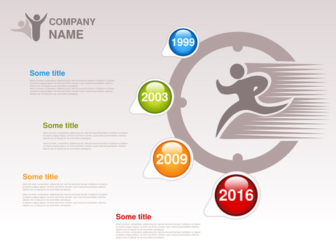 Vector timeline. Infographic template for company. Timeline with colorful milestones - blue, green, orange, red. Pointer of individual years. Graphic design with clock and fast runner